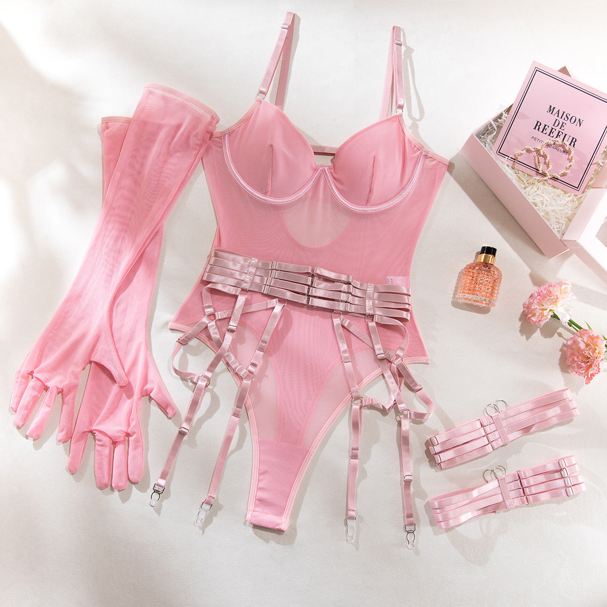 Sexy Sheer Mesh Bodysuit with Gloves and Bandage - Transparent Lingerie Set eprolo