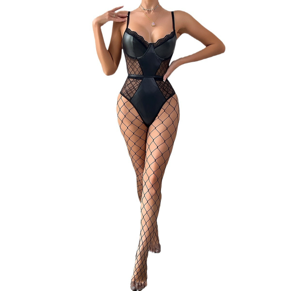 Sexy Grid Spliced Black PU Leather Lace Tight-Fitting Strapless Jumpsuit Set