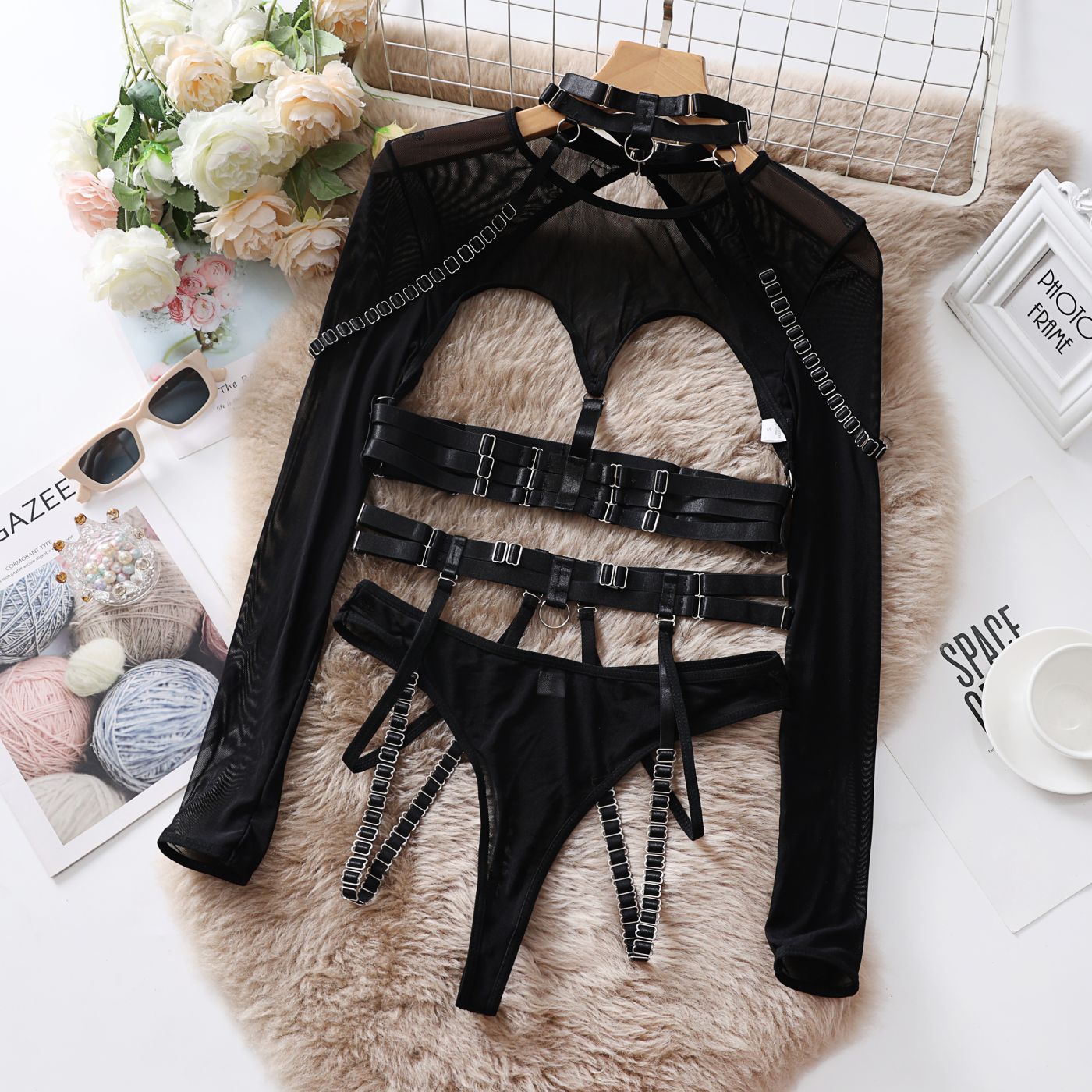 Sexy lingerie set with splicing hollow-out design, includes five-piece erotic underwear set by eprolo featuring alluring straps.