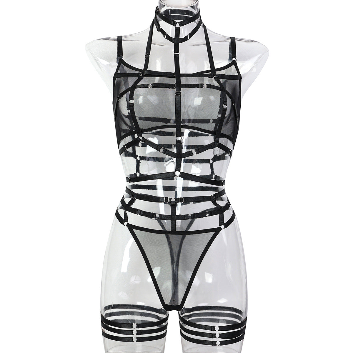 European and American Women's Complex Strap Crossed Halter Sexy Mesh Transparent Underwear Three-Piece Set eprolo