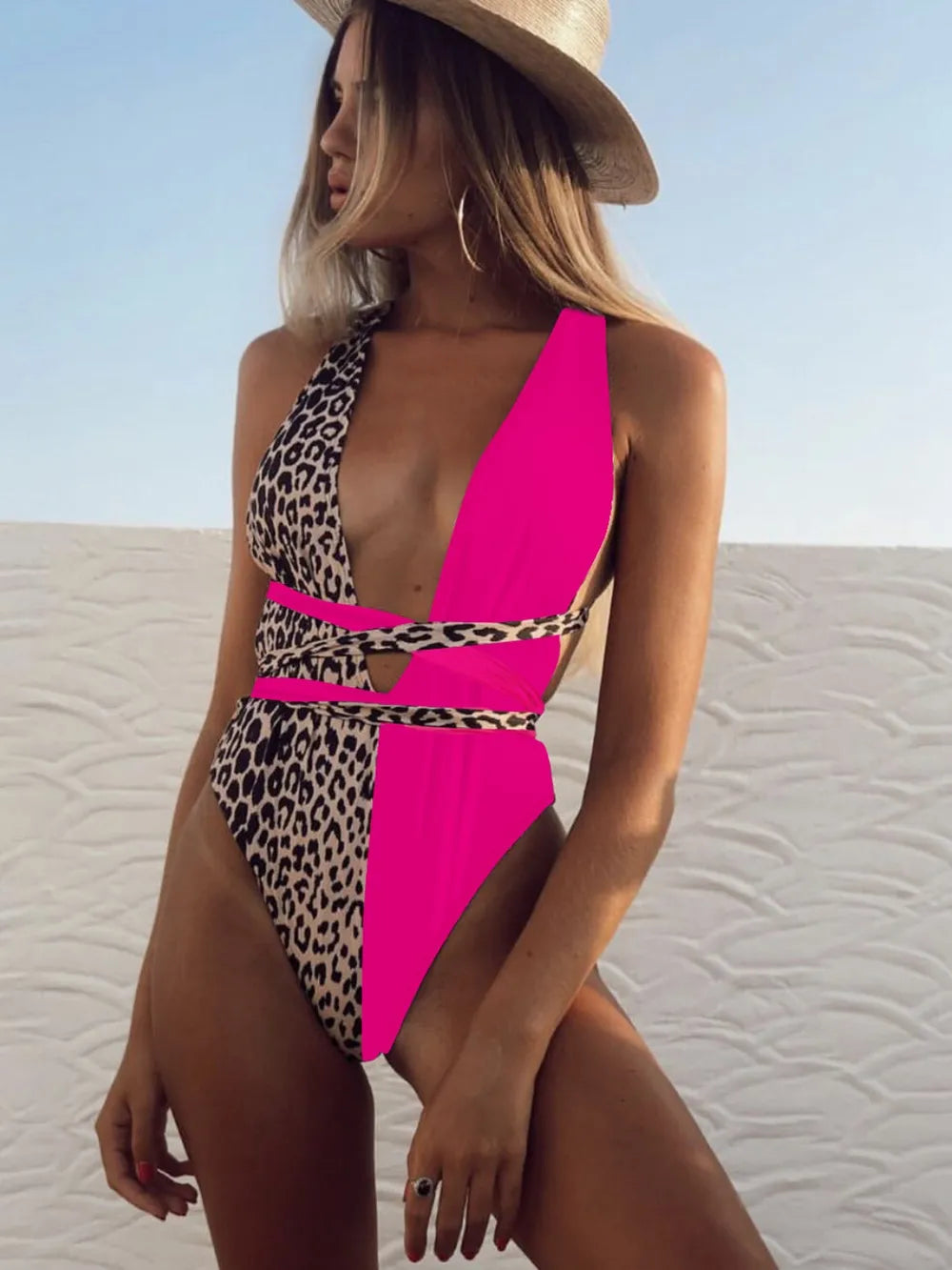 Leopard Print Lace-Up V-Neck One-Piece Swimsuit | Women's Swimwear
